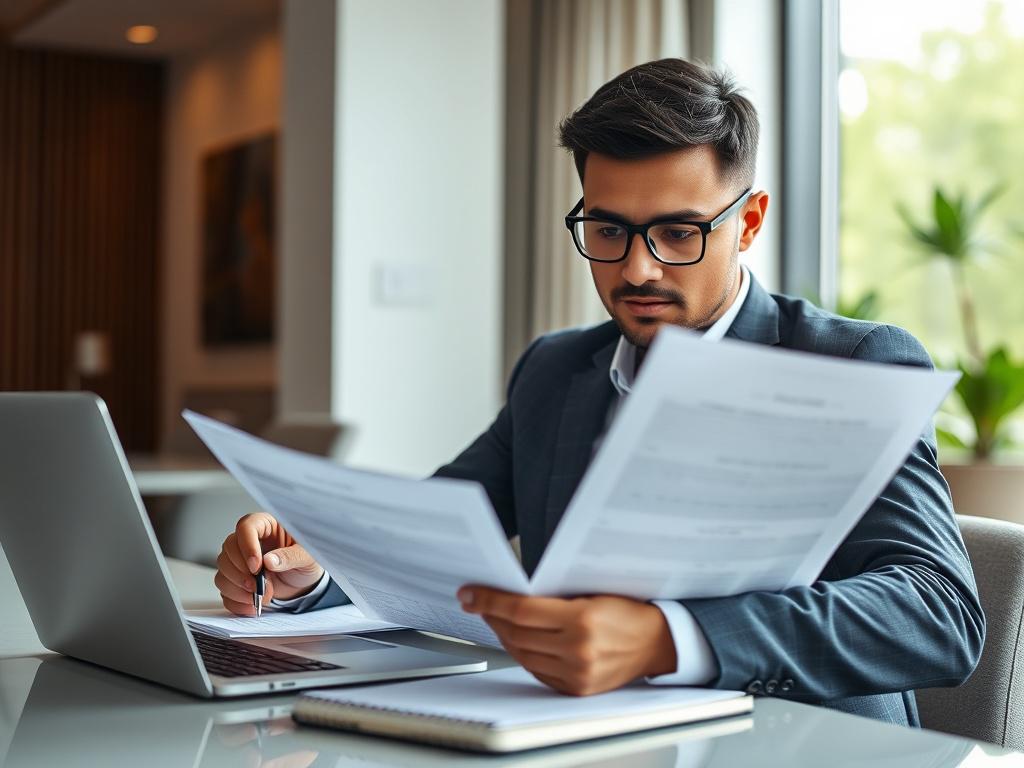 A high-resolution close-up shot of a confident business professional reviewing important documents related to an investor visa application. The individual is seated at a modern desk with a laptop and a notepad, showcasing a focused expression. The background features a stylish office setting with soft natural light filtering through a window. The color theme incorporates shades of #C31755, emphasizing professionalism and clarity.