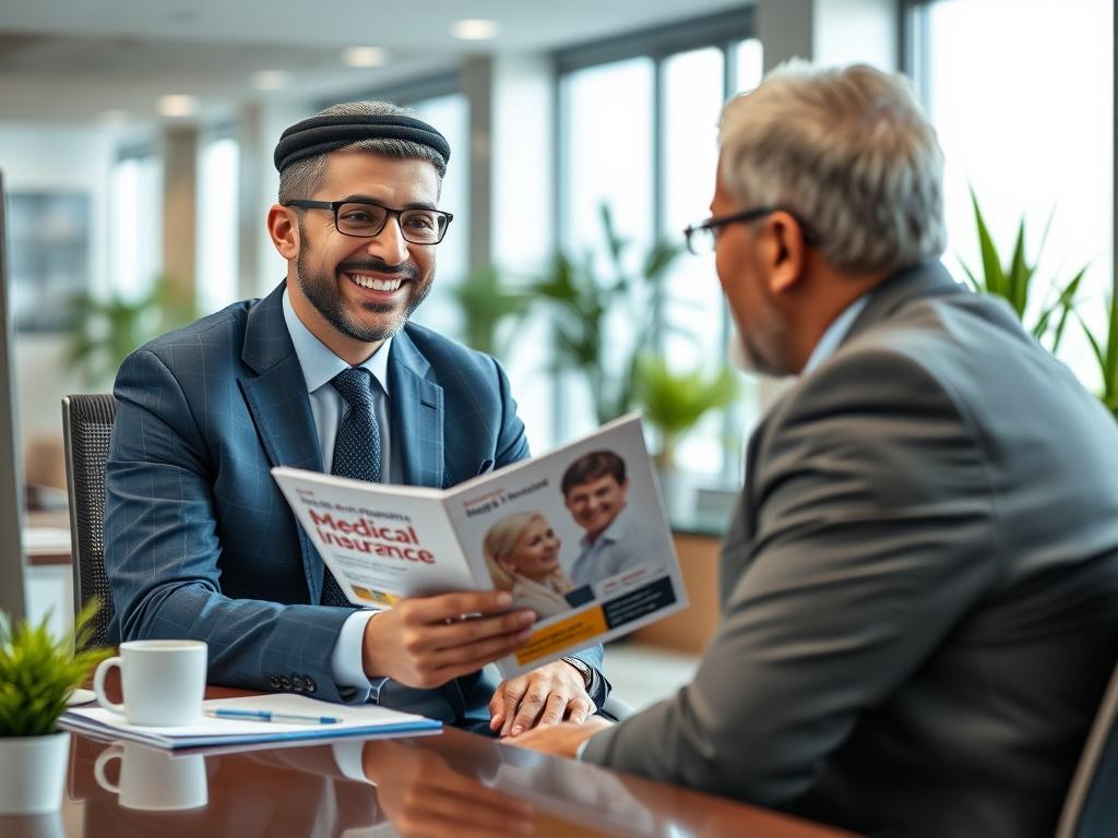 Create a hyper-realistic image of a friendly insurance agent sitting at a desk, engaging in a conversation with a client. The agent is a middle-aged Arab man, dressed in smart business attire, showing a warm smile and holding a medical insurance brochure. The background features a modern and well-lit office with plants and a computer. The composition should focus closely on the agent and the client, with a shallow depth of field to create a professional and inviting atmosphere. Use a color palette that matc