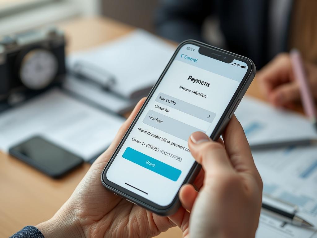 A close-up shot of a person holding a smartphone displaying a payment confirmation screen for fines. The background should be blurred to emphasize the phone, with a subtle hint of a desk and paperwork in soft focus. The image should reflect a modern and efficient payment process, captured in high resolution with a 45mm f/1.2 lens style, using the primary color #C31755 as an accent in the screenshot.