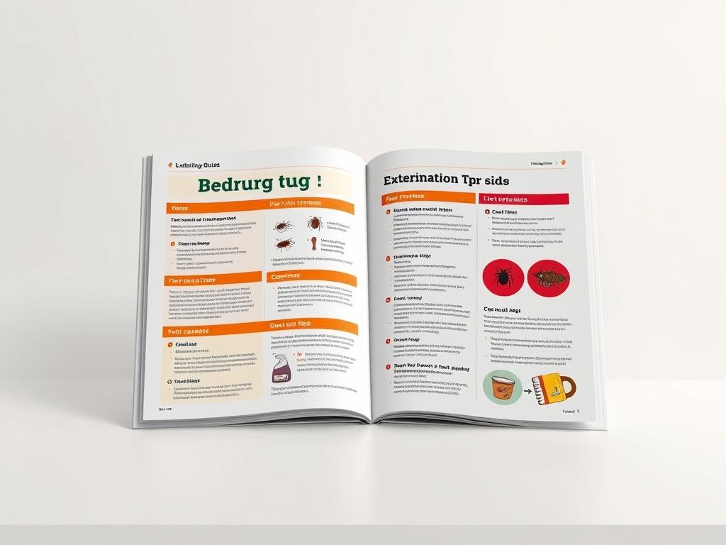 A high-resolution photo of the Bedbug Extermination Guide open on a clean, minimalistic table. The guide should feature clear, colorful illustrations and important tips highlighted. The background should be soft and neutral to allow the guide's vibrant colors and details to stand out.