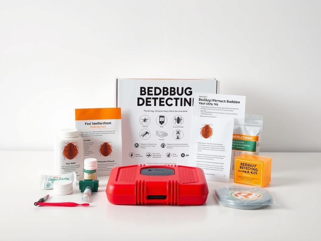 A high-resolution photo of a Bedbug Detection Kit displayed on a clean, minimalistic surface. The kit should include traps, lures, and an instruction manual, arranged neatly. The background should be simple and light-colored to emphasize the kit's vibrant colors. Use RGB(85, 141, 151) as the primary color in the design elements.
