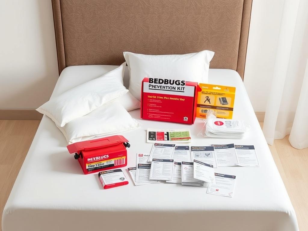 A high-resolution photo of the Bedbug Prevention Kit neatly arranged on a clean, minimalistic surface. The kit should include mattress encasements, traps, and informative brochures. The background should be light and inviting, ensuring the kit’s vibrant colors are highlighted effectively.