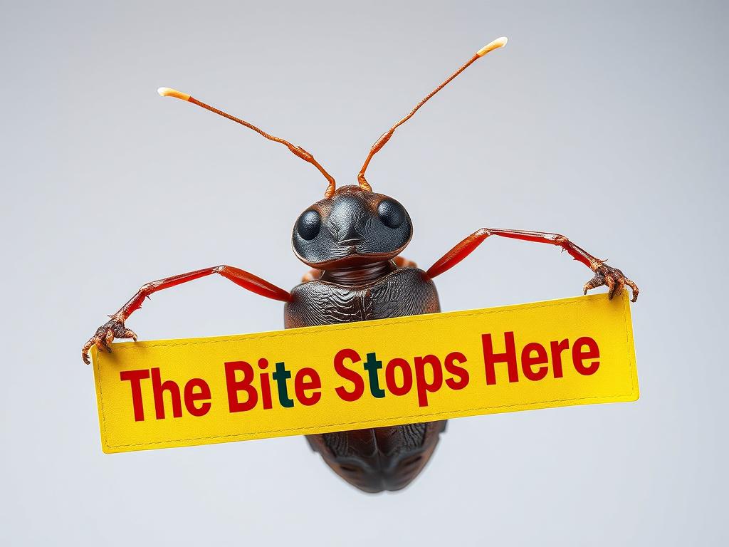 A photorealistic, extreme detail close-up of a bedbug with its arms outstretched holding the end of a banner that reads 'The Bite Stops Here' in bold vibrant colors. The bedbug is life-like with intricate textures, set against a clean minimalistic background with clean lines. The composition focuses solely on the bedbug and the banner, using rgb(122, 86, 4) as the primary color for the banner.