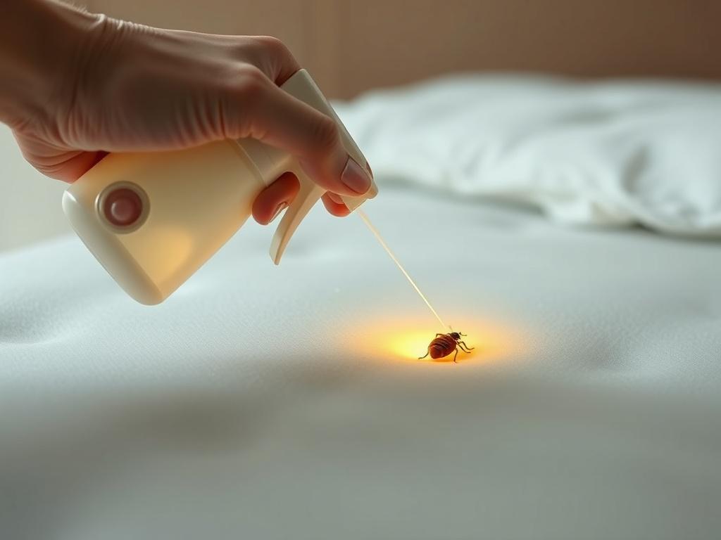 A highly detailed, photorealistic image of a hand holding a spray bottle aimed at a bedbug hiding in a mattress seam. The scene features clean, minimalistic lines with bold colors, especially using rgb(122, 86, 4) tones in the background, highlighting the action of treatment application in a realistic setting.