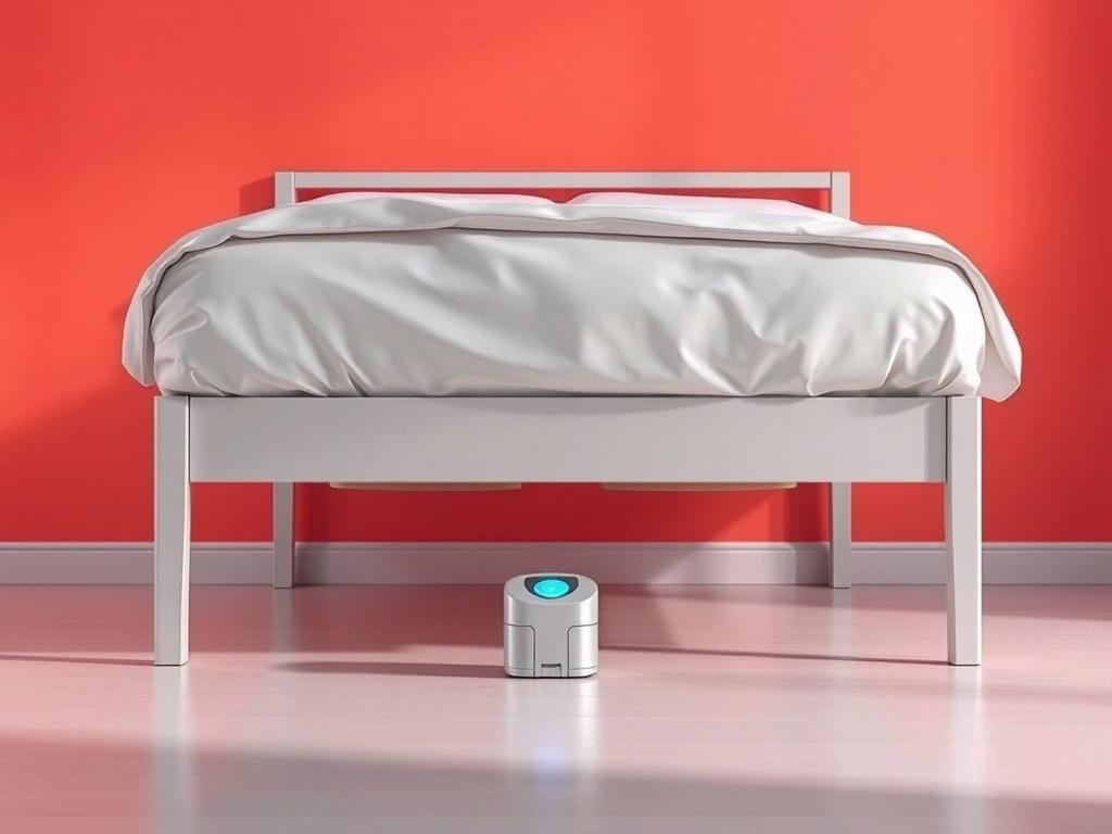 A photorealistic image of a modern bedbug trap placed discreetly under a bed frame in a minimalistic, clean room. The background features bold colors with rgb(122, 86, 4) tones. The composition is simple and clear, focusing on the trap as the single subject in the image.