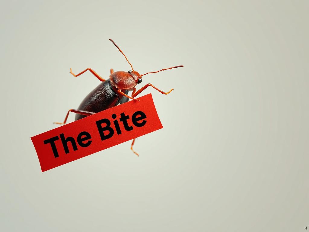 A photorealistic close-up of a bedbug with its arms outstretched, holding the end of a bold, vibrant banner that reads 'The Bite Stops Here'. The background is minimalistic with clean lines and a color palette emphasizing rgb(122, 86, 4). The bedbug is detailed with life-like textures and colors, positioned centrally to interact with the banner.