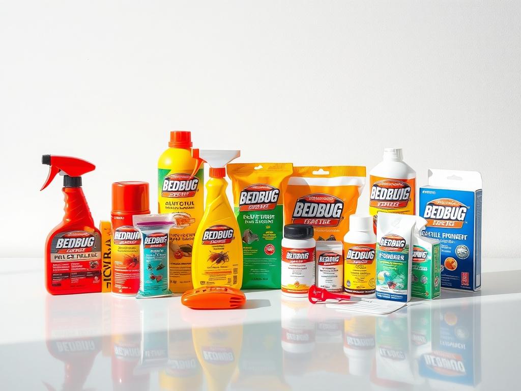 A high-resolution image of various bedbug treatment products displayed on a clean, bright surface. The products should include sprays, powders, and traps, arranged neatly to create an organized look. The colors should be bold and vibrant, with a focus on the products themselves against a minimalistic background.