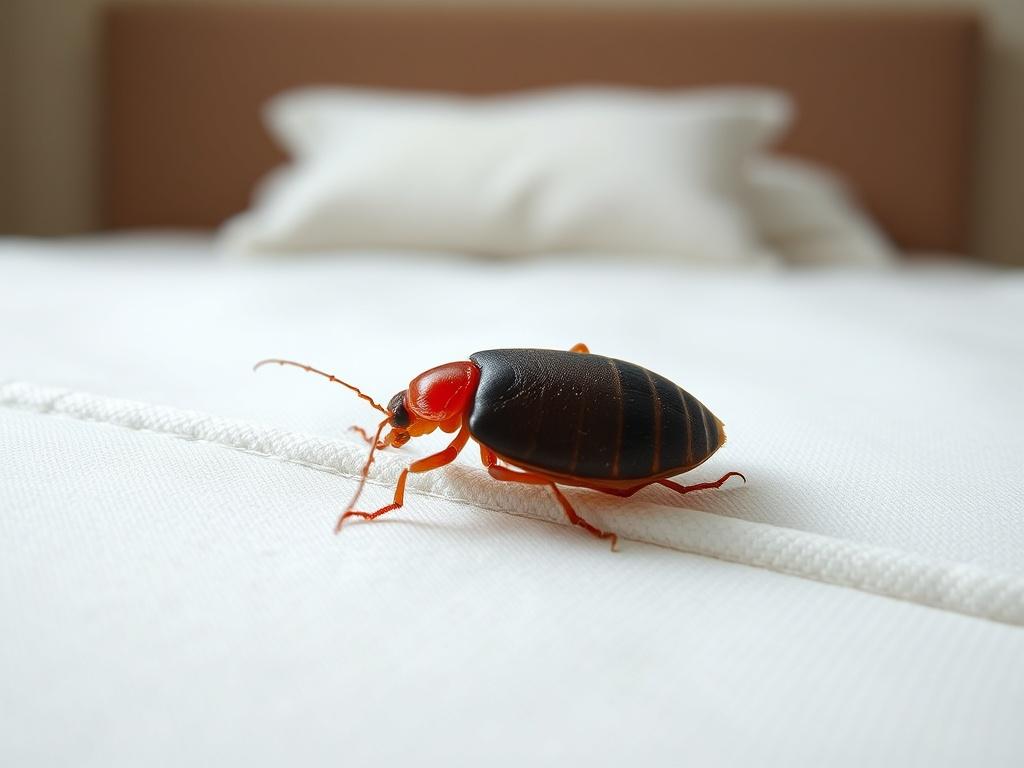 A close-up view of a bedbug on a mattress seam, showcasing the insect's details like color and texture. The background is a simple, clean bedding setup, emphasizing the bedbug against a minimalistic setting. The overall composition focuses on the bedbug, with high-resolution and photorealistic details.