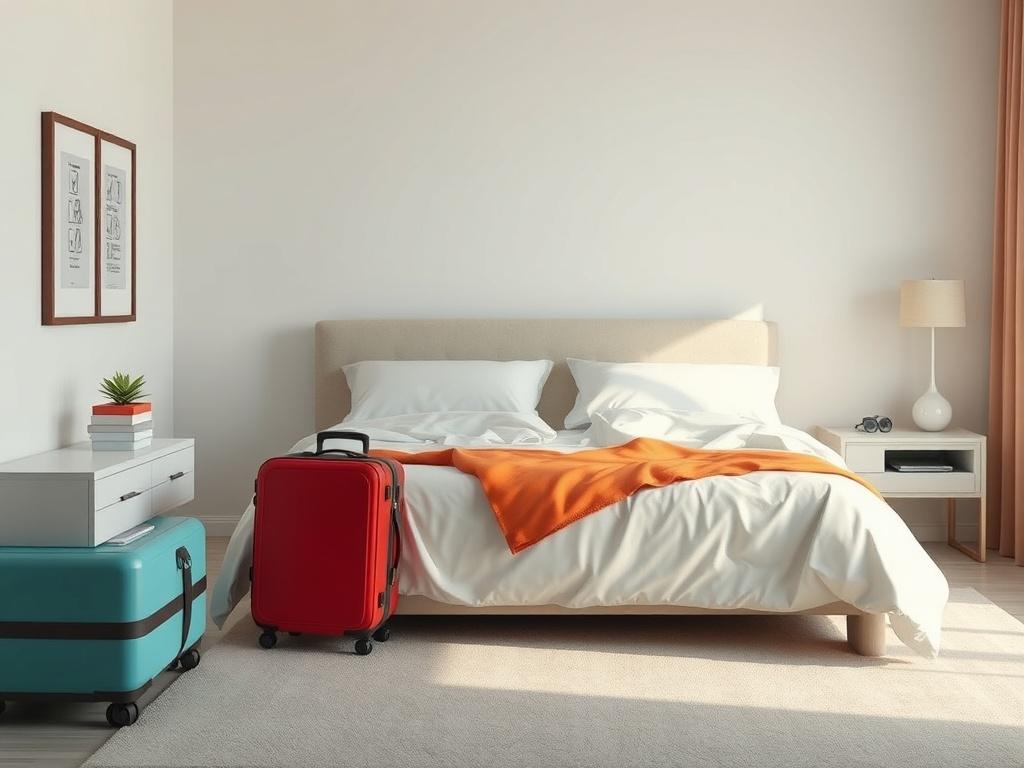 A serene bedroom scene showcasing preventative measures against bedbugs. The image features a clean bed with encasements, luggage placed away from the bed, and a checklist visible on a bedside table. The focus is on creating a safe, inviting atmosphere with vibrant colors and a minimalistic design.