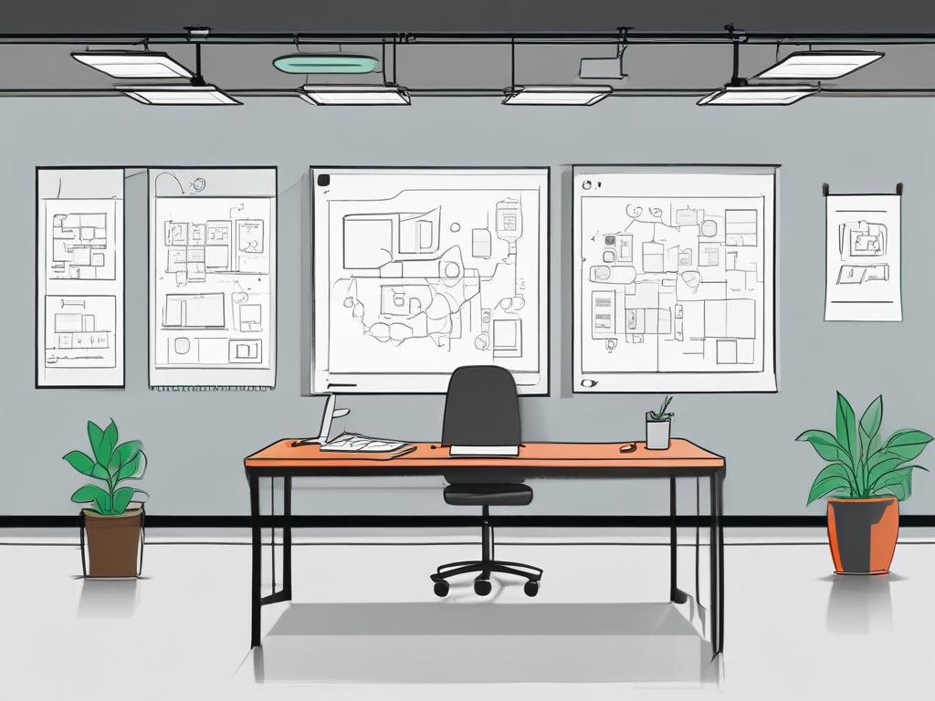 Create a high-quality illustration featuring a single subject: a well-designed, modern brainstorming board in a minimalist workspace. The brainstorming board should be filled with colorful sticky notes in various shapes, each representing different ideas and processes. Use a variety of colors, including vibrant hues like blue, green, yellow, and pink to convey creativity and diverse thinking. 

The background should consist of a clean, simple office setting with a light-colored wall and a sleek desk. On the