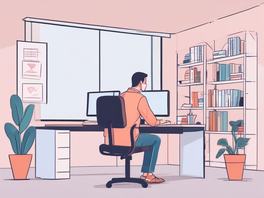 Create a high-quality illustration of a professional consultant in a minimalistic setting, engaged in a video call with a client. The consultant should be depicted sitting at a clean desk with a laptop open, displaying charts and graphs. The background should be simple and light, using pastel colors to create a calm atmosphere. The focus should be on the consultant's attentive expression, emphasizing clarity and communication.