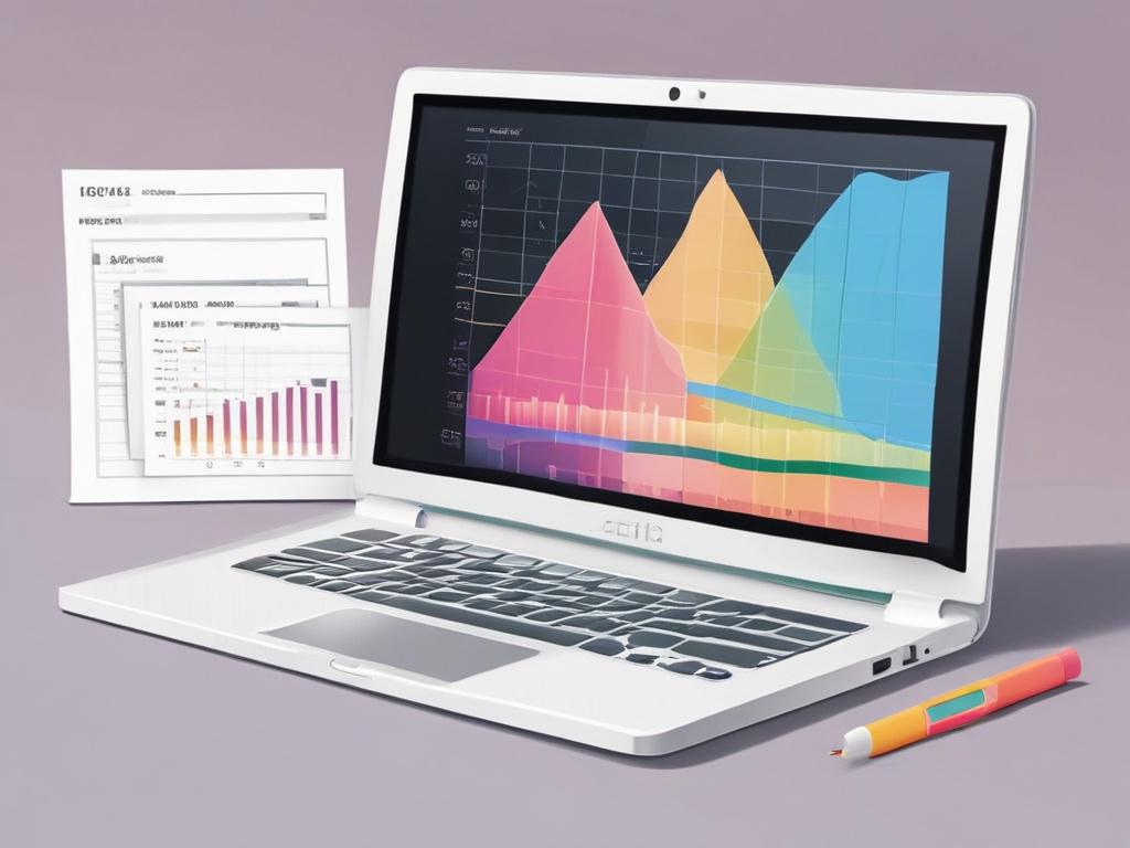 A high-quality illustration of a sleek, modern laptop displaying a vibrant Excel spreadsheet on its screen. The laptop should be the central subject, set against a minimalistic background with soft pastel colors. The composition should emphasize the clarity and simplicity of the Excel interface, showcasing well-organized data and colorful charts. The overall style should be clean and clear, with a focus on negative space to highlight the laptop and the spreadsheet.