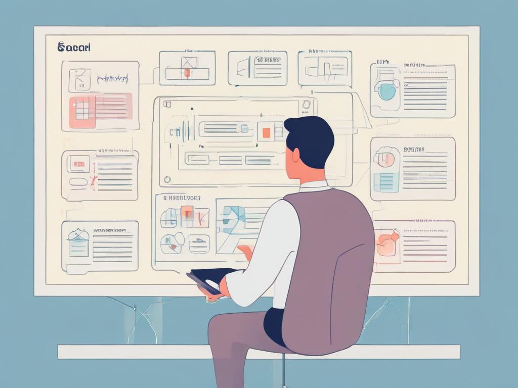 A clean and minimalistic illustration of a person analyzing a flowchart on a large screen. The screen shows various process blocks with arrows indicating flow, while the person appears focused and engaged. The background is a soft pastel color, providing a serene atmosphere. The overall composition is simple, with only the person and the flowchart as subjects, emphasizing clarity and efficiency.