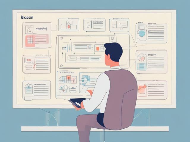 A clean and minimalistic illustration of a person analyzing a flowchart on a large screen. The screen shows various process blocks with arrows indicating flow, while the person appears focused and engaged. The background is a soft pastel color, providing a serene atmosphere. The overall composition is simple, with only the person and the flowchart as subjects, emphasizing clarity and efficiency.