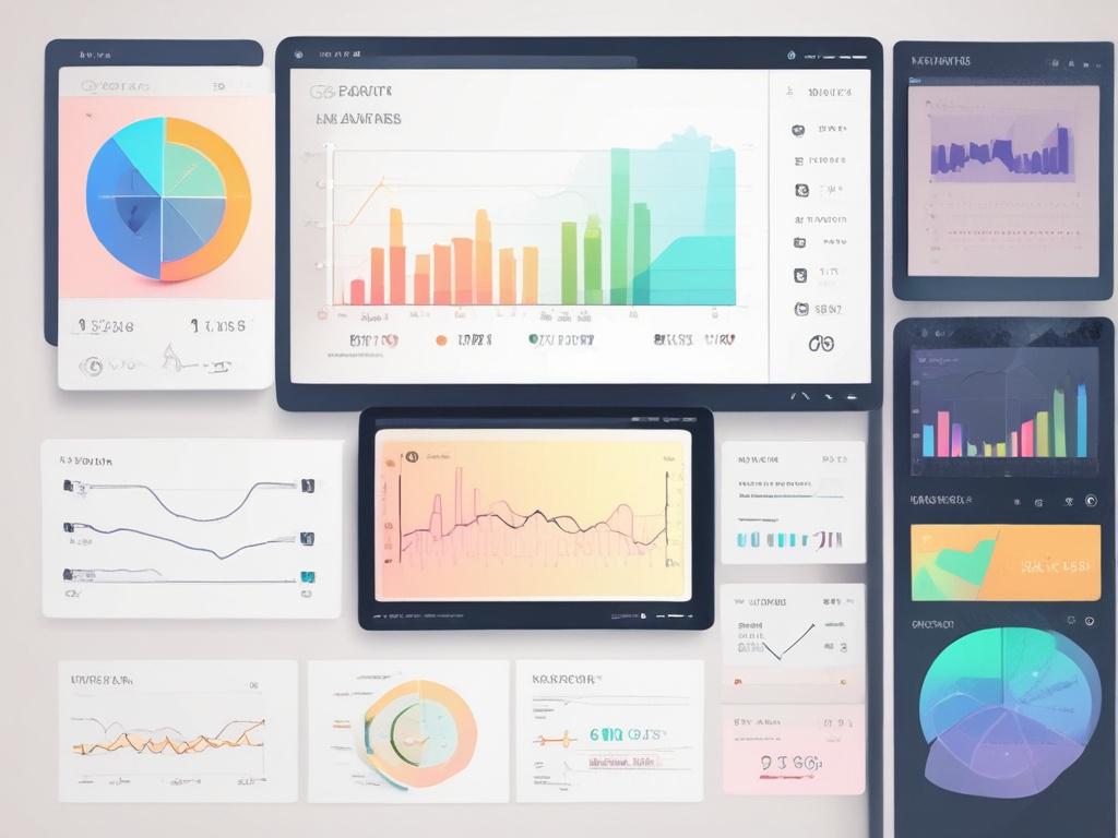 Create a high-quality illustration of a sleek, modern dashboard displaying various metrics and analytics. The dashboard should be the central subject, featuring clear and concise graphs and charts in pastel colors. The background should be minimalistic and utilize negative space to emphasize the dashboard. The overall style should be clean and professional, with a focus on simplicity and clarity.