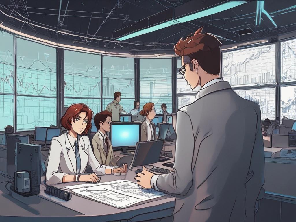 Create a high-quality illustration showing a dynamic and energetic scene of a professional consultant guiding a team through an automation process. The subject should be a confident and knowledgeable figure, standing in front of a large digital screen displaying graphs and automation tools. The background should be a modern office environment with elements that symbolize technology and efficiency. The artwork should be rendered in a flat-colored, high-energy anime style, predominantly using the rgb(193, 153