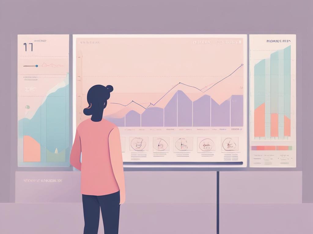 A high-quality illustration of a person standing confidently in front of a large, minimalistic dashboard displaying impressive financial growth charts. The background features soft pastel colors with ample negative space to emphasize the dashboard. The person is smiling and pointing at a highlighted figure showing million-dollar savings, symbolizing success and clarity in operations. The overall composition is clean and clear, focusing on the subject and the dashboard.