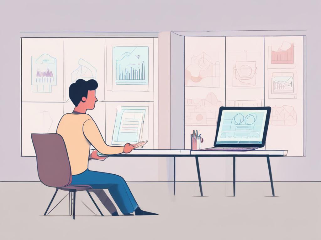 A high-quality illustration featuring a sleek, modern workspace with a single subject: a confident professional leading a meeting. The individual stands at the forefront, pointing at a digital dashboard displaying automated project metrics. The background is minimalistic with soft pastel colors and negative space, emphasizing clarity and focus. The style is clean and clear, aligning with the rgb(193, 153, 87) primary color theme.