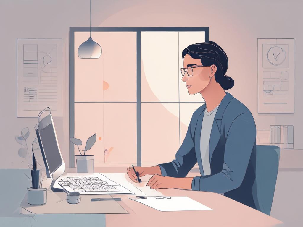 Create a high-quality illustration that embodies the concept of "Continuous Improvement Rituals." The composition should be simple and clear, featuring only one subject: a serene and focused individual engaging in the process of self-reflection and goal-setting. 

The subject should be depicted sitting at a minimalist desk, which might contain a sleek notebook and a pen, suggesting an atmosphere of thoughtful planning. Their posture should convey a sense of calm determination, with hands poised over the not