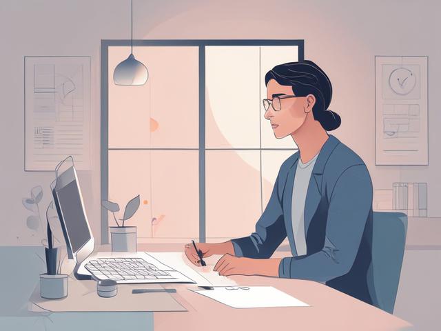 Create a high-quality illustration that embodies the concept of "Continuous Improvement Rituals." The composition should be simple and clear, featuring only one subject: a serene and focused individual engaging in the process of self-reflection and goal-setting. 

The subject should be depicted sitting at a minimalist desk, which might contain a sleek notebook and a pen, suggesting an atmosphere of thoughtful planning. Their posture should convey a sense of calm determination, with hands poised over the not