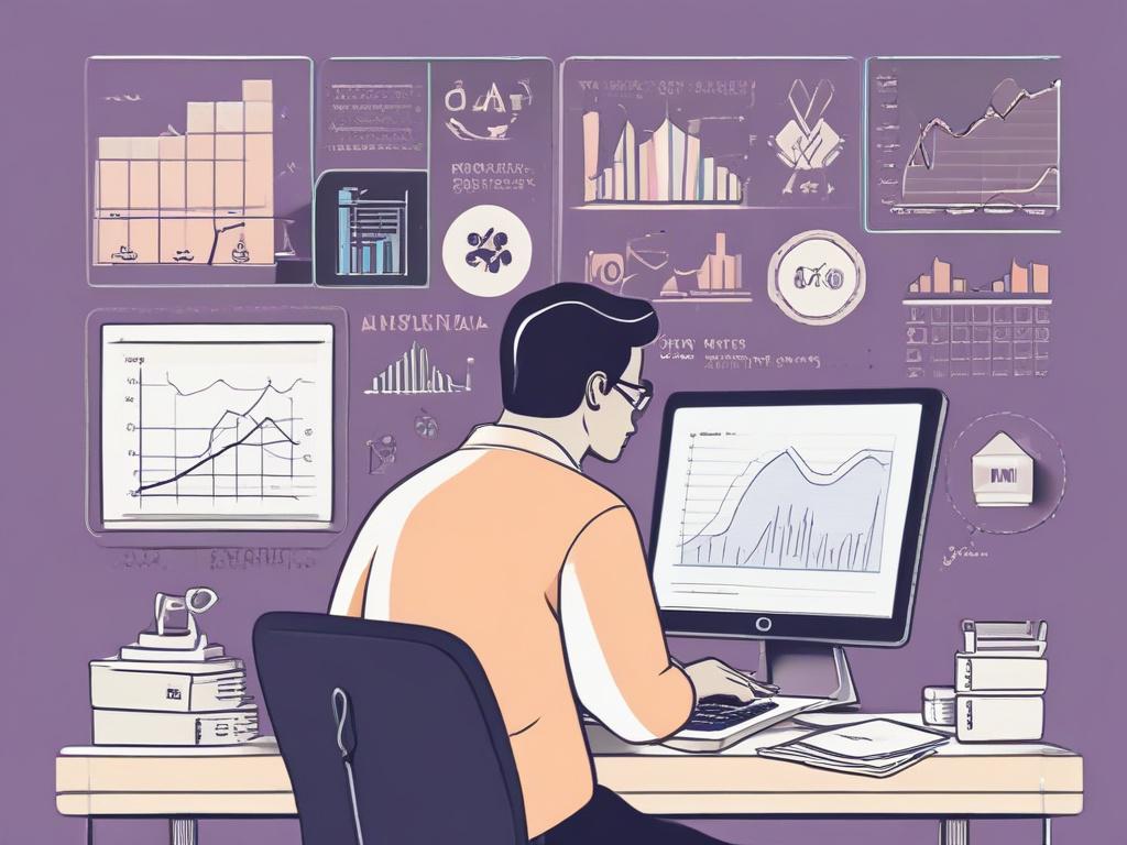 A minimalistic illustration showcasing a data scientist at work. The subject is a person sitting at a desk, focused on a laptop displaying graphs and data analytics. Surrounding the desk are elements like charts, data visualizations, and a cup of coffee. The background is a clean, soft pastel color, emphasizing a calm and focused atmosphere. The overall composition is simple and clear, with an emphasis on the individual and their work.