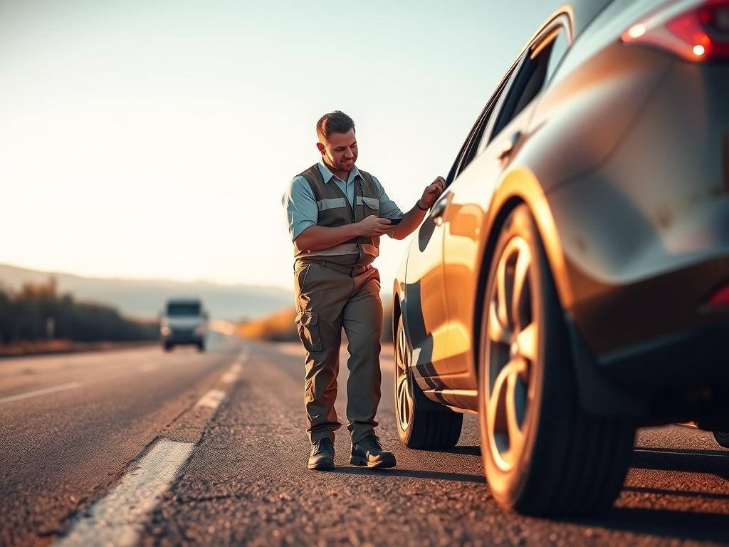 A friendly roadside assistance technician helping a driver with a flat tire on a sunny day. The technician is wearing a uniform and is engaged with the driver, who is looking relieved. The background features a clear blue sky and a peaceful highway, with soft lighting casting a warm glow on the scene. The composition is simple, focusing on the interaction between the technician and the driver.