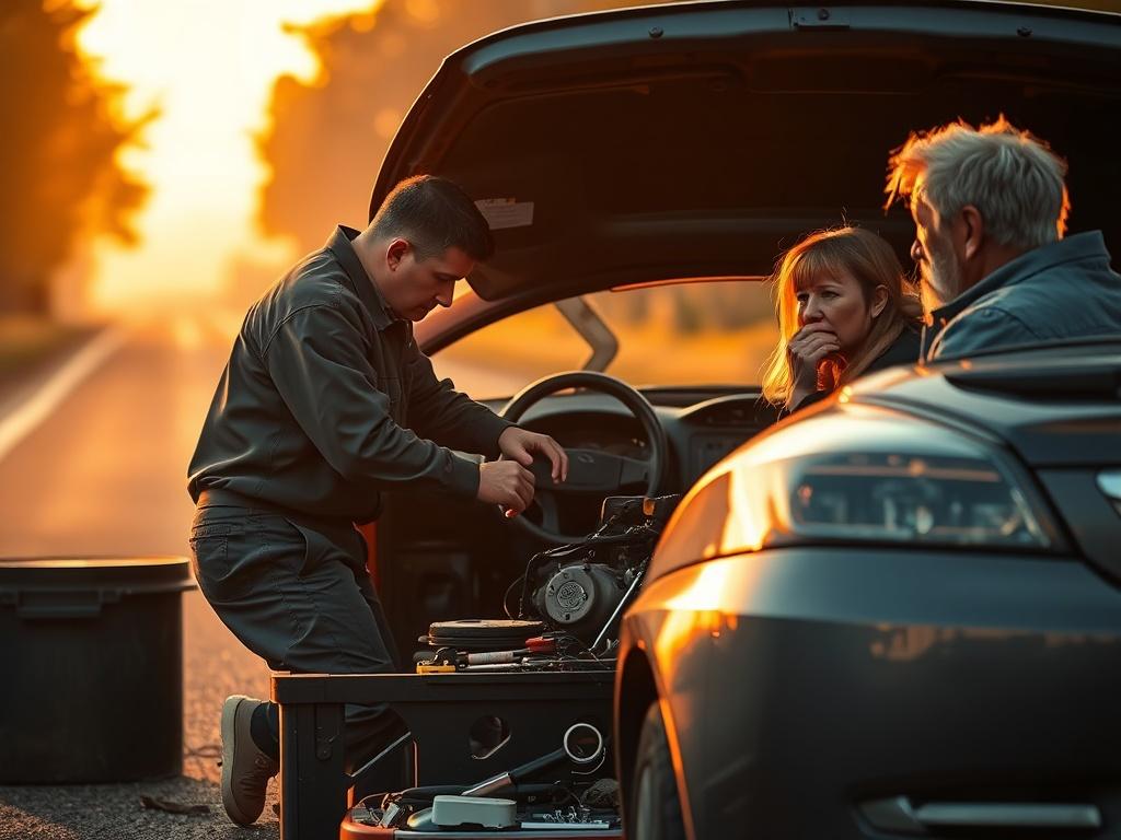 A mechanic swiftly repairing a car by the roadside. The setting is illuminated with soft golden lighting, creating a calm atmosphere. The mechanic is focused and skilled, surrounded by tools and parts, while a concerned driver looks on with a sense of relief. The scene captures the essence of urgency and professionalism.