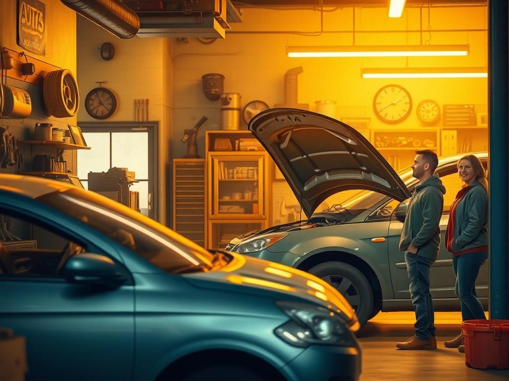 A cozy auto repair shop with a welcoming mechanic working on a car. The setting has warm golden hues and soft lighting, showcasing tools and parts organized neatly. The mechanic appears focused and dedicated, while a satisfied customer observes with a sense of trust. The atmosphere evokes a sense of community and reliability.