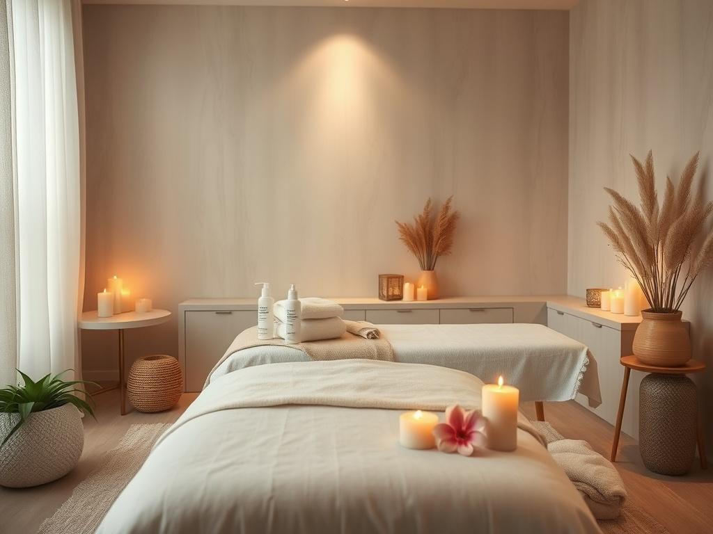 A peaceful spa room featuring soft lighting and natural materials, with a treatment table set for a relaxing skincare session. The scene includes soothing elements like candles and flowers, creating an inviting and serene ambiance. A focus on tranquility, emphasizing self-care and rejuvenation.