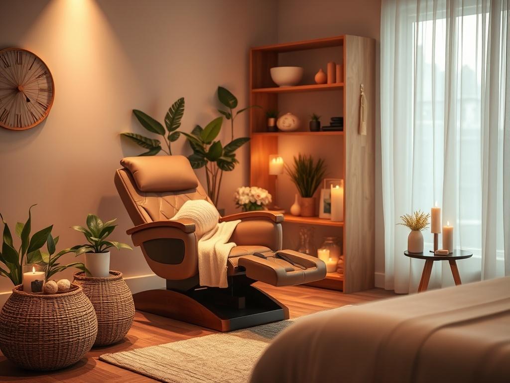A tranquil setting showcasing a foot reflexology treatment in progress. The room features soft lighting, a comfortable massage chair, and soothing decor elements like plants and candles. The focus is on relaxation and wellness, highlighting the therapeutic nature of foot massage.
