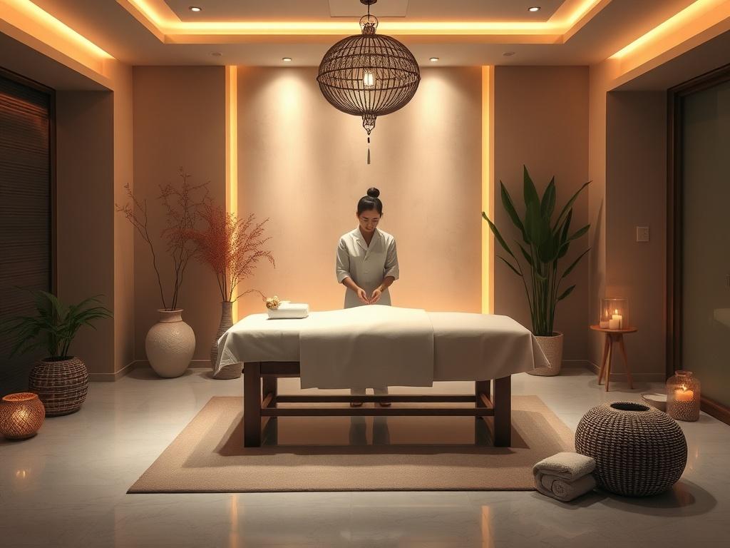 A serene spa setting with a traditional Vietnamese massage table, surrounded by soft, ambient lighting and calming decor. The atmosphere conveys tranquility and relaxation, with gentle colors and natural elements like plants or bamboo. A single practitioner is seen preparing for a massage, creating a peaceful and inviting scene.