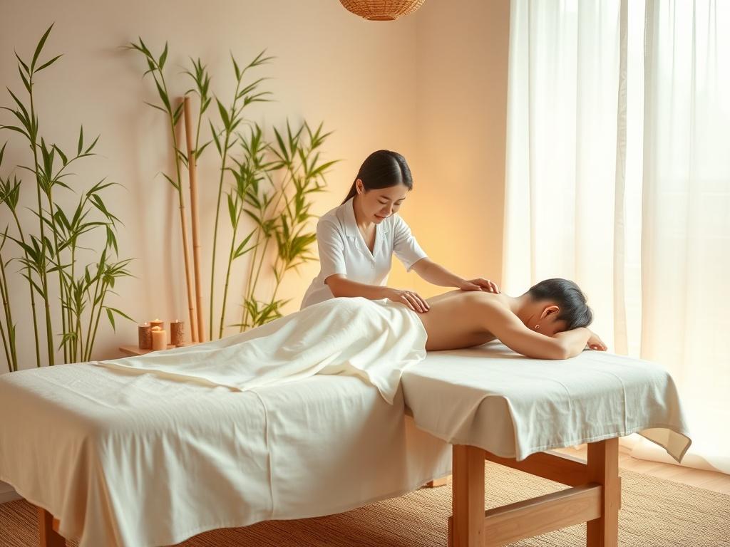 A serene setting showcasing a traditional Vietnamese massage. The scene features a soothing massage table with soft, natural fabrics in gentle colors. The therapist is gently applying a calming technique while the client relaxes, surrounded by bamboo plants and softly flickering candles. The lighting is warm and inviting, with a peaceful atmosphere that conveys relaxation and tranquility.