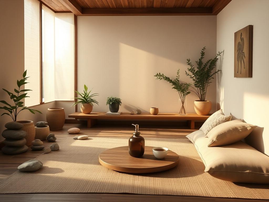 An inviting zen space designed for relaxation. The image depicts a tranquil room with calming colors, soft lighting, and natural elements like stones and plants. A comfortable seating area features plush cushions and a low table with herbal tea, creating a welcoming environment. The atmosphere radiates peace and serenity, ideal for unwinding and rejuvenating the mind and body.