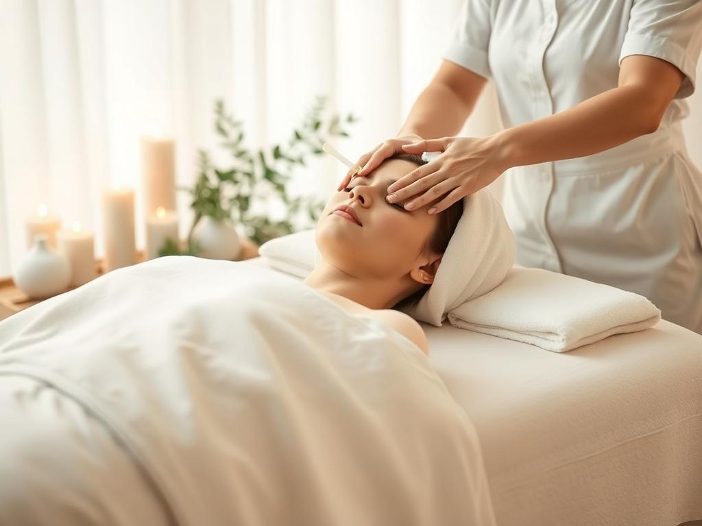 A peaceful scene of a relaxation treatment in progress. The image shows a client lying on a massage table, enveloped in soft linens. A therapist is performing a soothing facial massage, using gentle techniques and natural oils. The backdrop features calming elements like aromatic candles and greenery, enhancing the serene atmosphere that promotes deep relaxation and stress relief.