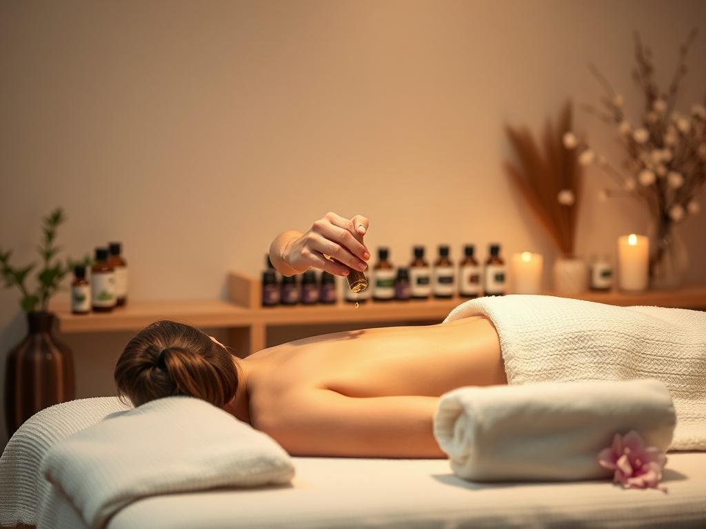 A tranquil setting featuring a massage session using essential oils. A therapist is applying oil to a client, with various essential oil bottles displayed in the background. The atmosphere is calm and serene, with soft lighting and gentle colors. The primary color theme is harmonious with rgb(2, 86, 197), creating a peaceful environment.