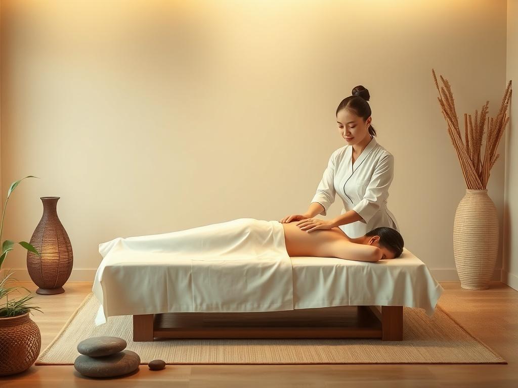 A serene spa setting featuring a traditional Vietnamese massage scene. A single therapist, dressed in traditional attire, is gently massaging a client lying on a massage table. The environment is calm and peaceful with soft lighting, featuring natural elements like bamboo and stones. The colors are soft and soothing, creating a tranquil atmosphere. The primary color used in the decor reflects rgb(2, 86, 197).