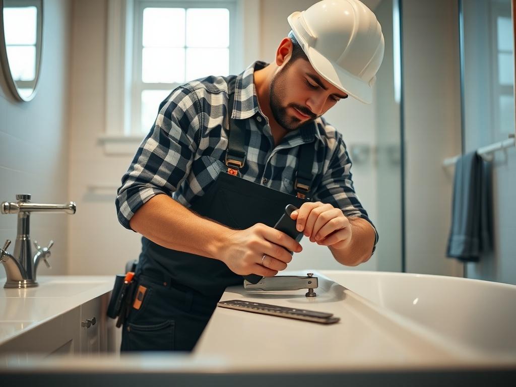 A skilled contractor working diligently on a bathroom remodel, showcasing