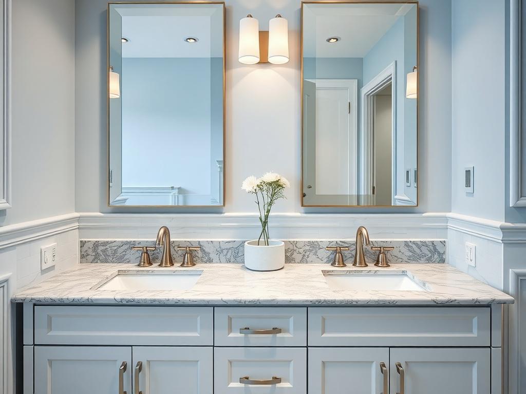 A stylish bathroom vanity featuring a double sink with sleek