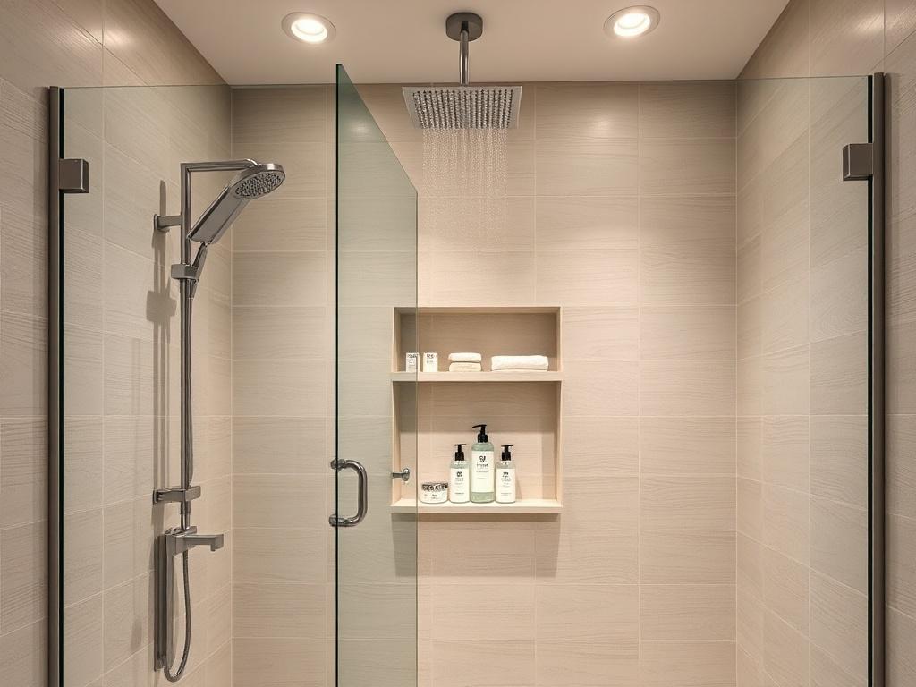 A contemporary walk in shower with sleek, frameless glass doors