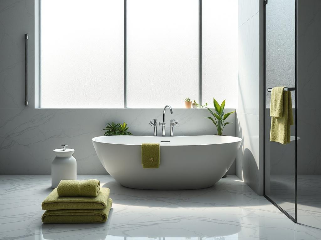 A luxurious bathroom featuring a modern freestanding tub, elegant marble