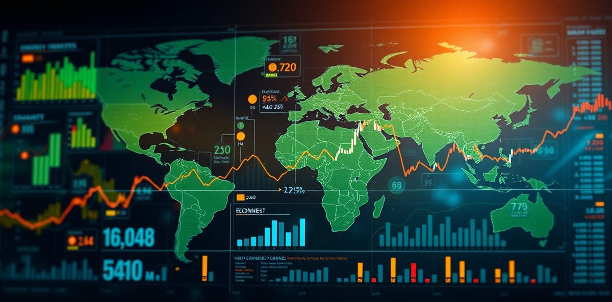 Global financial markets data visualization showing energy sector analysis and IMF economic forecasts