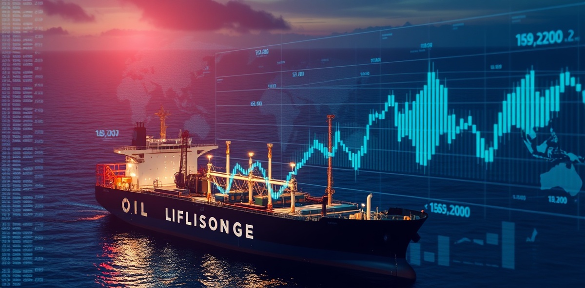 Oil tanker and financial markets data visualization showing economic impact of oil prices on global inflation