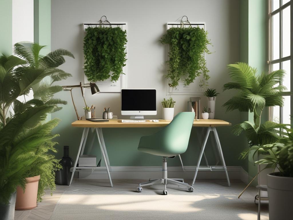 A vibrant and minimalistic workspace with a single desk and
