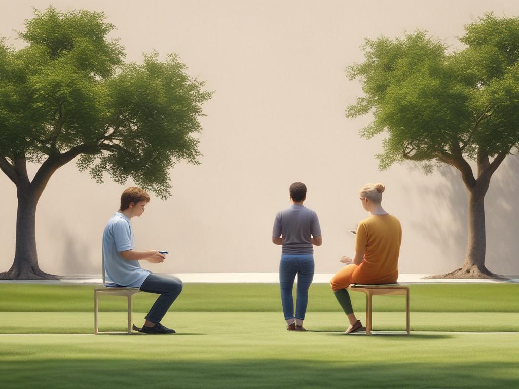 a serene scene of individuals reflecting and sharing their thoughts