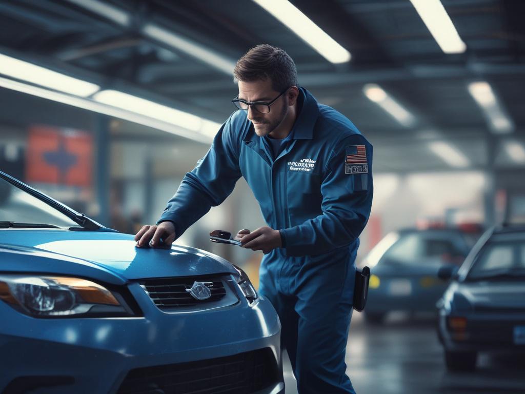 A realistic high-resolution photo of a technician carefully applying resin to a small chip on a windshield. The technician is focused and wearing a superhero-themed uniform, emphasizing professionalism. The background features a serene outdoor environment with shades of rich blues and soft grays, creating a calming atmosphere. The focus should be on the technician's hands and the chip being repaired, capturing the precision of the work.