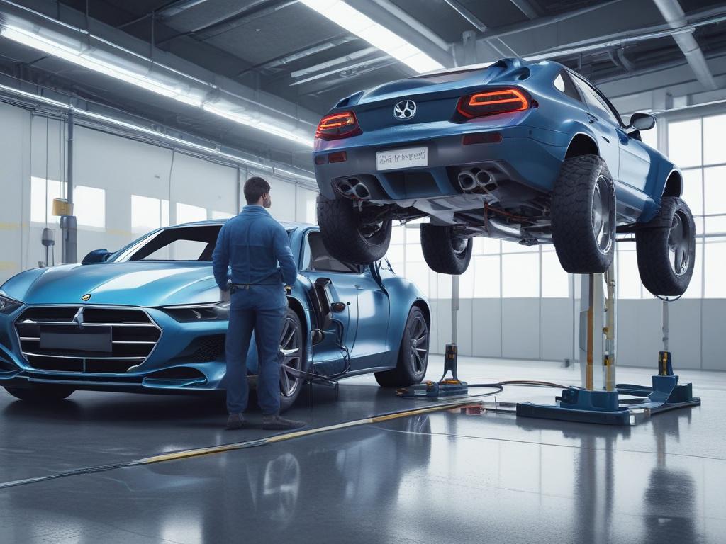 A realistic high-resolution photo of a technician performing ADAS calibration on a vehicle using specialized equipment. The technician is in a superhero-themed uniform, reflecting a modern and professional approach. The setting is a well-lit, clean workshop with shades of rich blues and soft grays. The focus should be on the technician interacting with the calibration equipment and the vehicle, showcasing the precision and importance of the service.