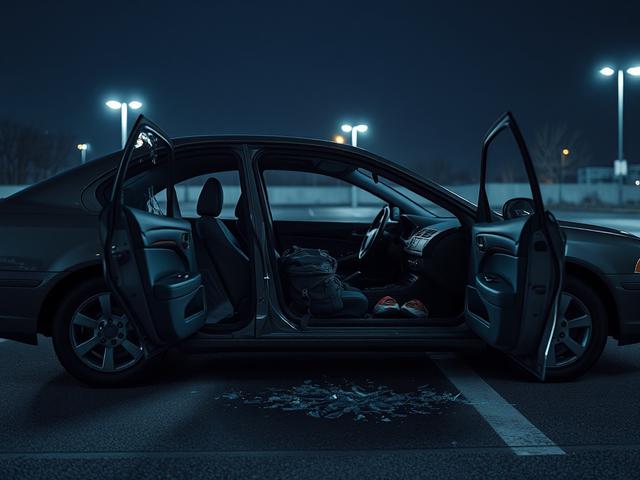 Create a realistic high-resolution image of a car that has been broken into. The focal point of the composition should be the open driver's side door of the vehicle, showcasing a shattered window with glass pieces scattered across the pavement. Inside the car, the seats and dashboard should be slightly disheveled, with personal belongings like a backpack and a wallet carelessly tossed about, suggesting a hasty intrusion.

The background should depict a quiet, urban setting, such as a dimly lit parking lot a