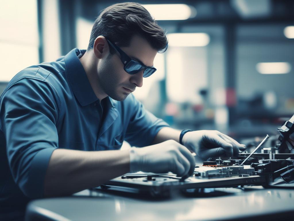 A high-resolution image of a technician expertly repairing a chip in a car windshield. The technician is using precise tools and focusing on the chip area. The background is softly blurred, showcasing a clean, modern environment with cool gray tones. The image should convey professionalism and attention to detail.