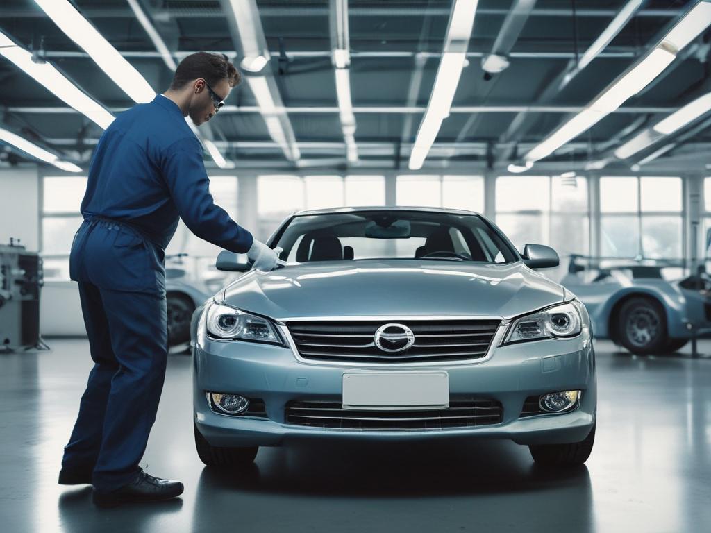 A close-up view of a professional technician replacing a windshield on a car. The technician is focused and wearing safety goggles. The car is parked in a clean, cool-toned environment with shades of rich blues and soft grays in the background. The focus should be on the technician's hands as they carefully install the new windshield, capturing the precision and professionalism of the service.