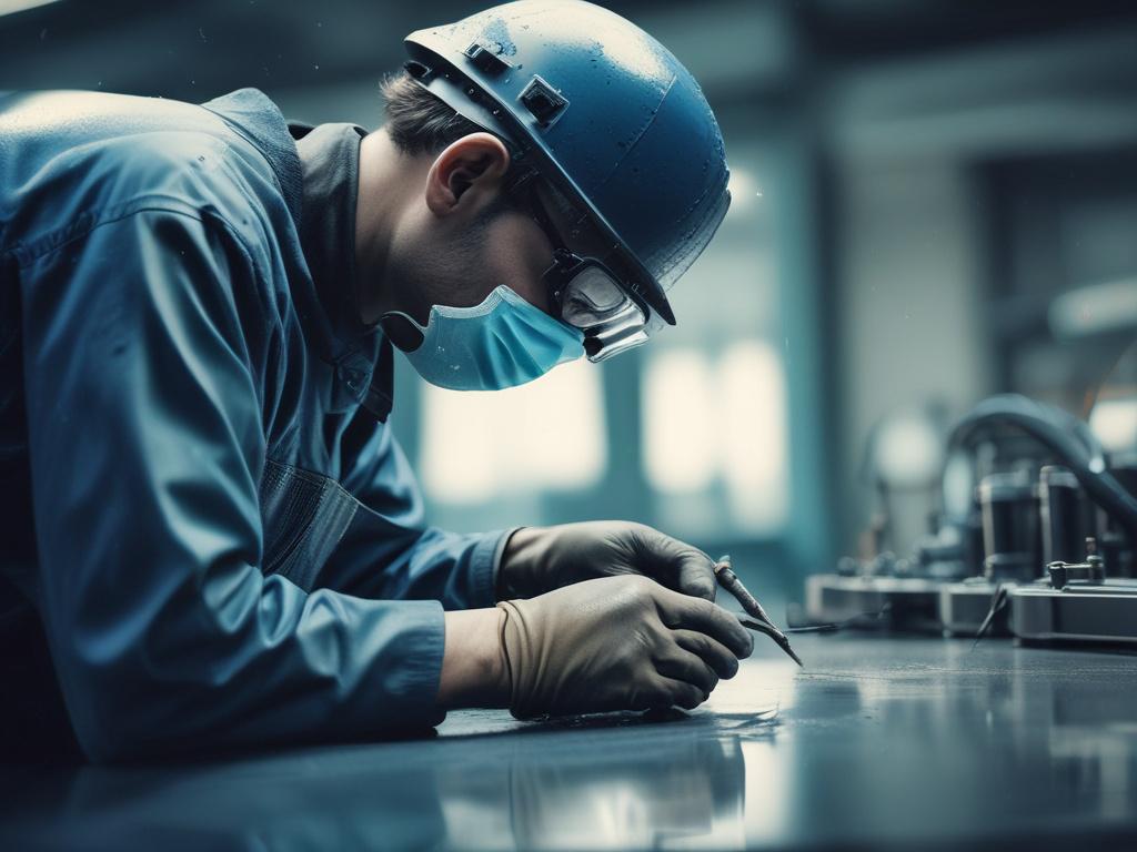 An image of a technician applying chip repair resin to a small crack on a windshield. The technician is wearing gloves and looks focused on the task. The background is a cool-toned environment with shades of rich blues and soft grays, emphasizing the professionalism of the service. The composition should highlight the technician's careful technique and the clarity of the windshield.
